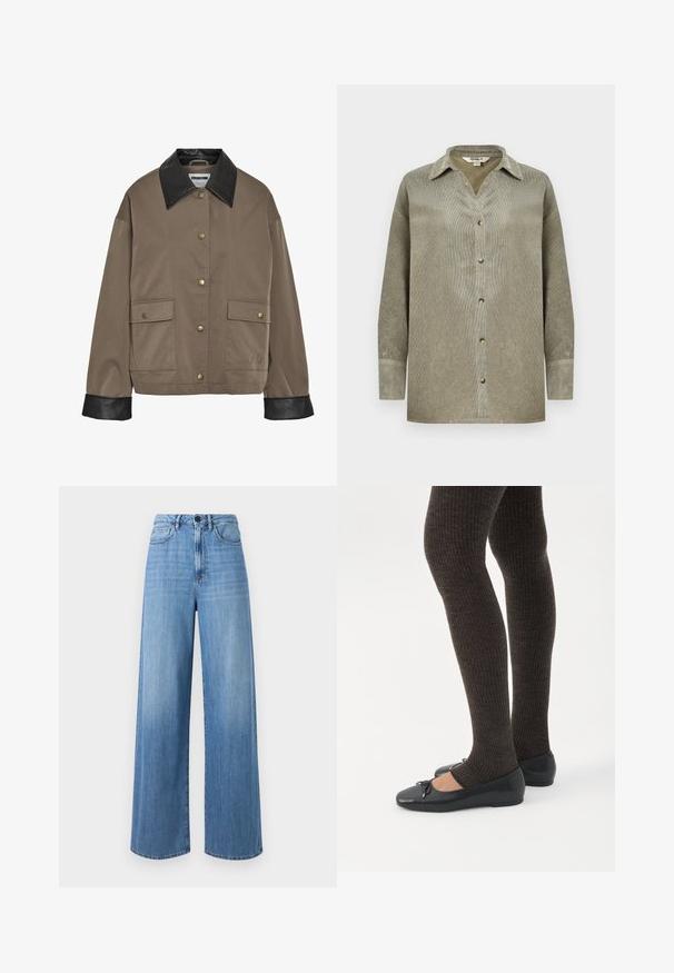 Chaqueta marrón con botones, cuello y puños de cuero negro, que cuenta con dos bolsillos frontales con solapa y cierres a presión.; Camisa de pana verde oliva con cuello, cierre frontal de botones y mangas largas. Tejido texturizado y corte relajado.; Jeans de mezclilla de tiro alto en azul claro, con perneras anchas, trabillas, bolsillos delanteros y detalles de costura en contraste.; Piernas con leggings oscuros acanalados combinados con bailarinas negras que presentan pequeños detalles de lazo sobre un fondo blanco.