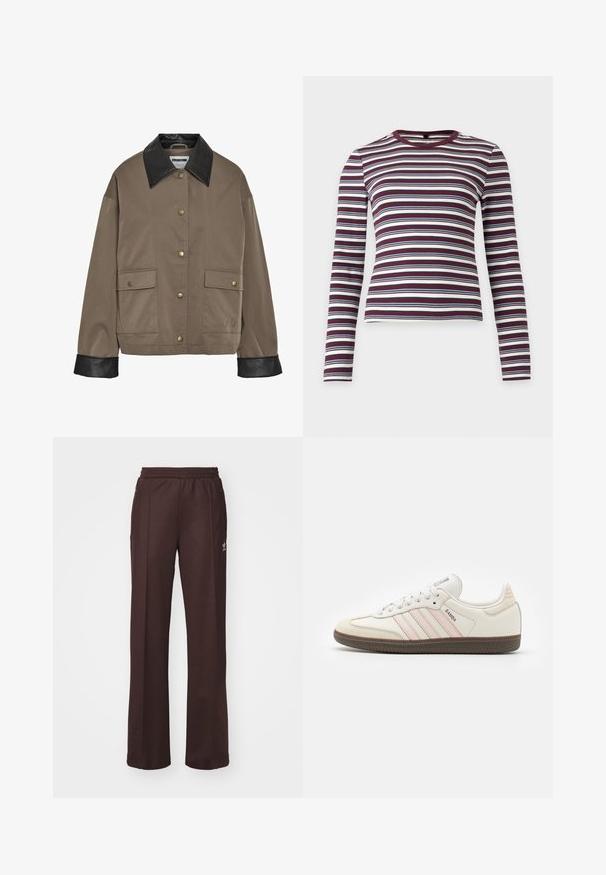 Bruine button-up jas met een zwarte leren kraag en manchetten, met twee voorflapzakken met drukknoopsluitingen.; Langarm ribgebreid shirt met horizontale strepen in donkerrood, wit en marineblauw, met een ronde halslijn.; Bruine sportieve broek met een elastische tailleband, twee zijzakken en een klein logo aan de linkerzijde, gemaakt van een zachte stof.; Witte leren sneakers met roze accentstrepen, een rubberen bruine zool en een suède neuskap. Voorzien van veters en een merklabel op de tong.