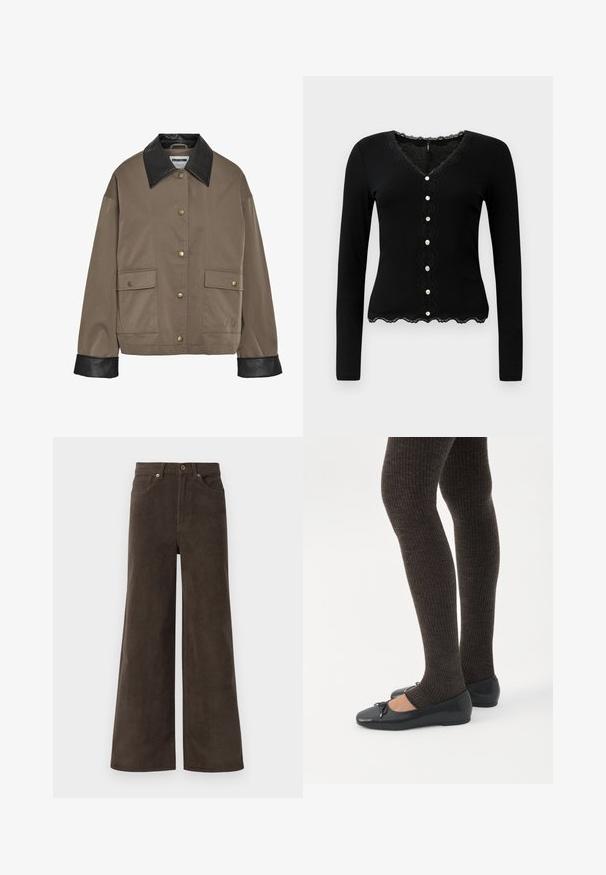 Bruine button-up jas met een zwarte leren kraag en manchetten, met twee voorflapzakken met drukknoopsluitingen.; Zwarte lange mouwen cardigan met een V-hals, kantafwerking en decoratieve knoopsluiting. Kenmerkt zich door geribbeld textuur en een gegolfde onderrand.; Donkerbruine wijde corduroy broek met voorzakken, riemlussen en een knoopsluiting in de taille.; Benen met donkere geribbelde leggings gecombineerd met zwarte ballerina's met kleine strikdetails op een witte achtergrond.