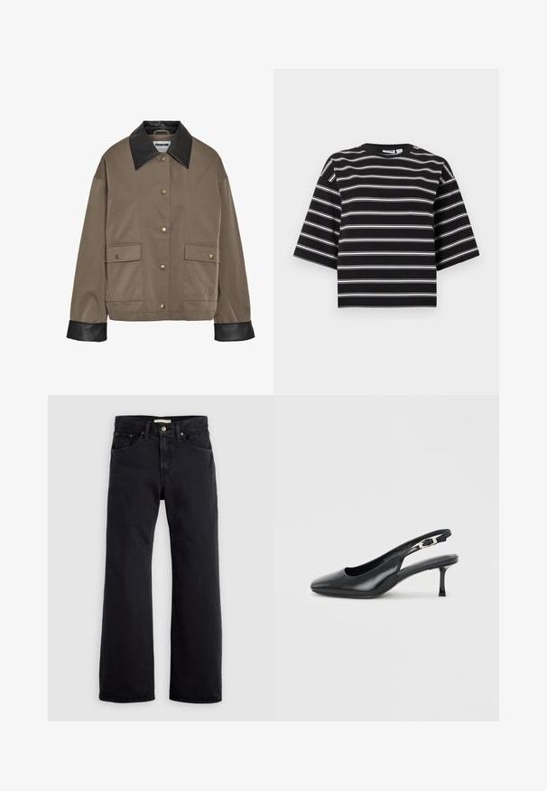 Chaqueta marrón con botones, cuello y puños de cuero negro, que cuenta con dos bolsillos frontales con solapa y cierres a presión.; Camiseta negra de manga corta con rayas horizontales blancas y cuello redondo, mostrada sobre un fondo claro y liso.; Vaqueros negros de talle alto y pierna recta con cierre frontal de botón y cremallera, y diseño de cinco bolsillos sobre un fondo liso y claro.; Zapato tipo slingback de cuero negro con punta puntiaguda, tacón bajo y delgado estilo kitten, y correa ajustable con hebilla, sobre un fondo claro y liso.