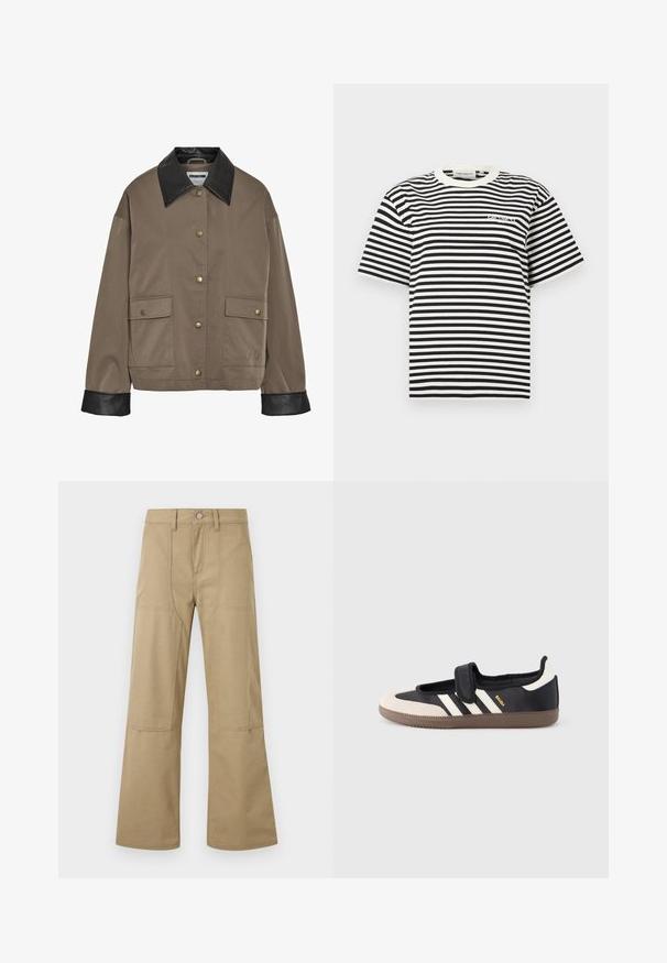 Bruine button-up jas met een zwarte leren kraag en manchetten, met twee voorflapzakken met drukknoopsluitingen.; Zwart-wit horizontaal gestreept T-shirt met korte mouwen, een witte ronde hals en een klein logo op de borst.; Beige highwaist broek met wijde pijpen, voorzakken met klep, lussen voor een riem en knoopsluiting. Eenvoudige, duurzame stof met zichtbare stiksels.; Zwart-beige sneaker met een klittenbandsluiting, drie witte strepen aan de zijkant en een getextureerde bruine rubberen zool. Merkembleem zichtbaar.