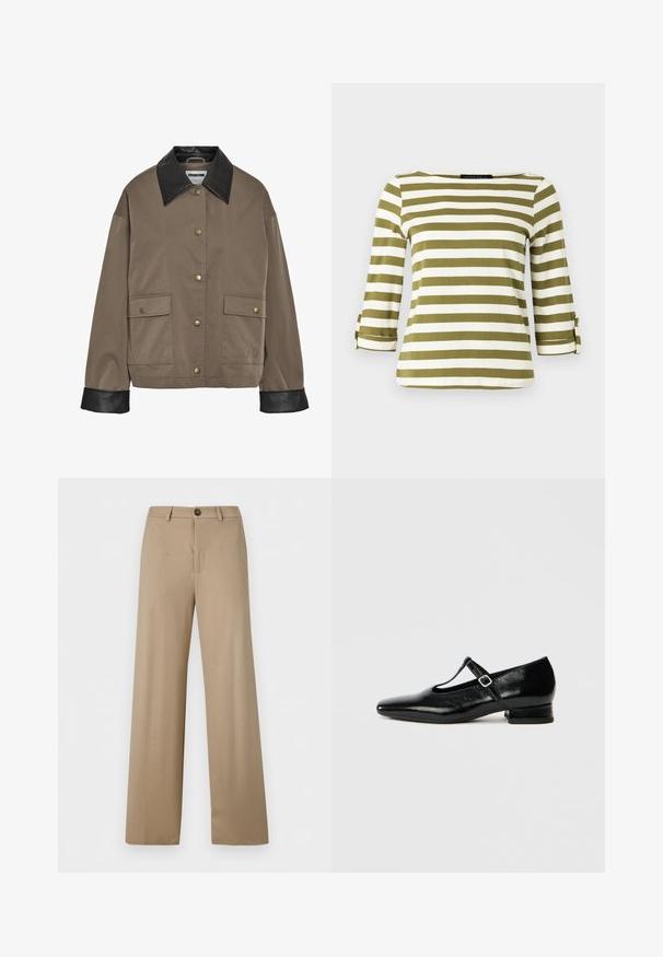 Bruine button-up jas met een zwarte leren kraag en manchetten, met twee voorflapzakken met drukknoopsluitingen.; Gestreept shirt in olijfgroen en wit, met driekwart mouwen met oprolriempjes en een boothals. Gladde, zachte stoftextuur.; Beige broek met hoge taille en wijde pijpen, met riemlussen en een enkele knoopsluiting in de taille.; Zwarte leren Mary Jane schoenen met een puntige neus, een kleine blokhak en een verstelbare riem met een zilveren gesp. Gladde, glanzende textuur.