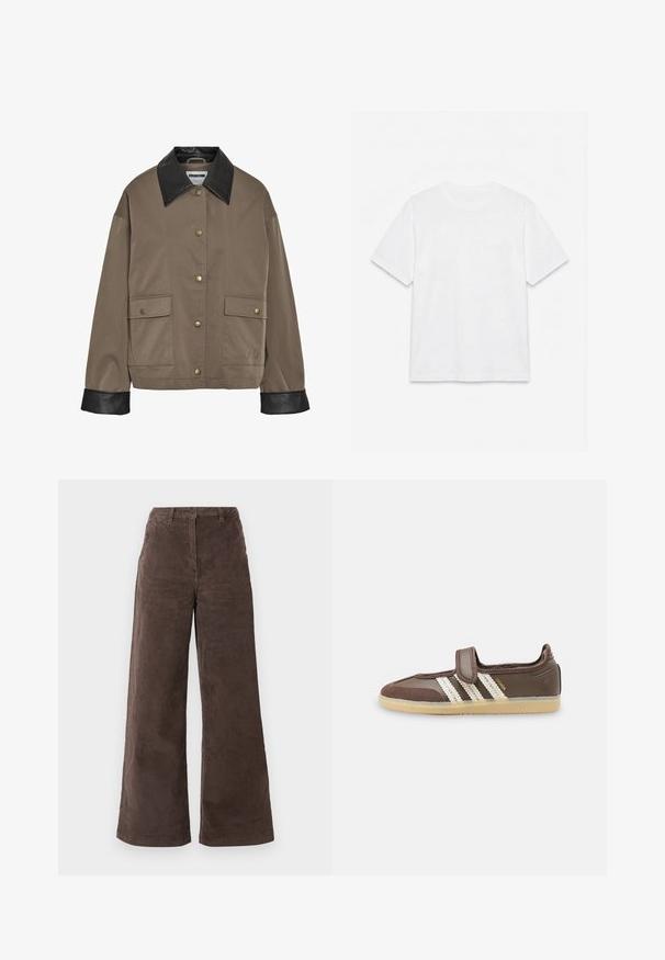 Chaqueta marrón con botones, cuello y puños de cuero negro, que cuenta con dos bolsillos frontales con solapa y cierres a presión.; Camiseta blanca lisa de manga corta con cuello redondo, colocada plana sobre un fondo blanco.; Pantalones de pana de pierna ancha en marrón oscuro, con una cintura alta, bolsillos frontales y un cierre de un solo botón. La textura es suave y acanalada.; Zapatilla marrón con suela de goma beige, tres rayas blancas en el lateral y una sola tira de velcro en la parte superior.