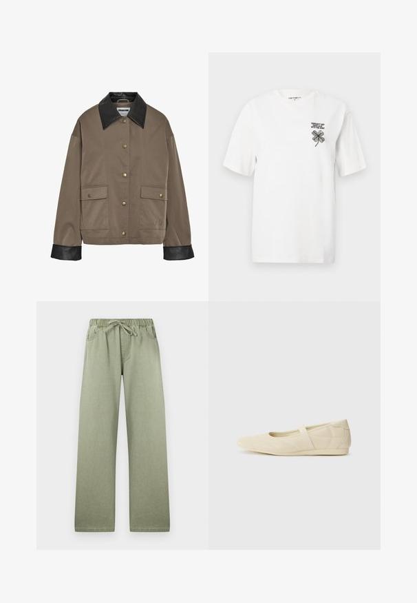 Bruine button-up jas met een zwarte leren kraag en manchetten, met twee voorflapzakken met drukknoopsluitingen.; Witte katoenen T-shirt met korte mouwen, een ronde halslijn en een zwart geborduurd klavertje vier met tekst op de linkerkant van de borst.; Lichtgroene wijde broek met elastische tailleband en trekkoord, zakken aan de voorkant en subtiele stiksel details.; Beige ballerina's met een gladde leren buitenkant, amandelvormige punt en elastische band over de wreef, met subtiele stiksels.