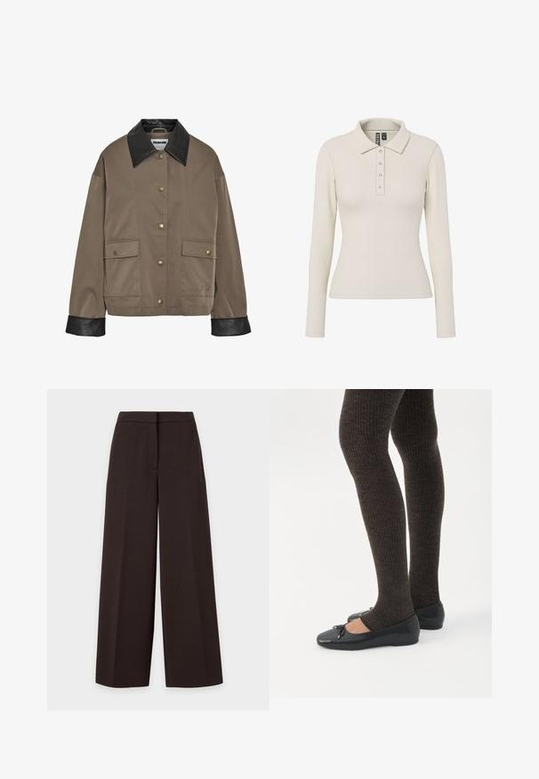 Chaqueta marrón con botones, cuello y puños de cuero negro, que cuenta con dos bolsillos frontales con solapa y cierres a presión.; Camisa polo de manga larga en tejido acanalado color blanco roto, con cuello y cinco botones metálicos en la parte frontal. Diseño ajustado.; Pantalones de pierna ancha de color marrón oscuro con cintura ajustada y detalle de costura frontal, exhibidos planos sobre un fondo liso.; Piernas con leggings oscuros acanalados combinados con bailarinas negras que presentan pequeños detalles de lazo sobre un fondo blanco.