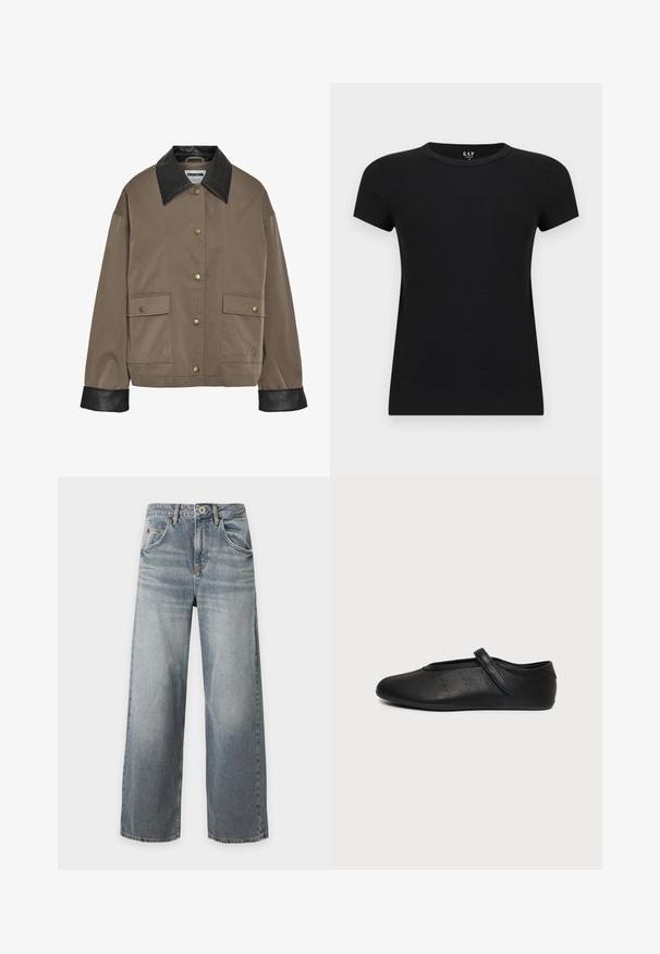 Chaqueta marrón con botones, cuello y puños de cuero negro, que cuenta con dos bolsillos frontales con solapa y cierres a presión.; Camiseta de mujer negra de manga corta con cuello redondo y ajuste entallado, mostrada sobre un fondo claro y liso.; Vaqueros azul claro de pierna ancha con lavado desgastado, cierre frontal de botón y cremallera, bolsillos delanteros y traseros y trabillas para cinturón, dispuestos planos sobre un fondo blanco.; Zapato plano Mary Jane de cuero negro con una sola correa y pequeños puntos perforados en el lateral, mostrado sobre un fondo liso de color gris claro.