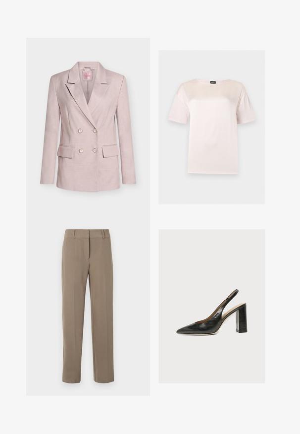Blazer rose clair à double boutonnage avec revers crantés, quatre boutons, deux poches avant à rabat et manches longues.; T-shirt en coton rose clair à manches courtes avec un col rond et une étiquette noire de la marque BOSS à l'intérieur du col.; Pantalon kaki droit avec passants de ceinture et fermeture éclair frontale sur fond blanc.; Chaussure slingback femme en cuir noir avec bout pointu et talon bloc épais et haut sur fond blanc.