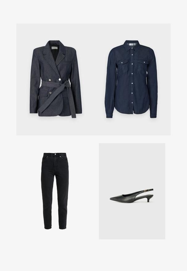 Donkerdenim blazer met een dubbelzijdig ontwerp, geknoopte revers, twee voorzakken en een gestrikt riempje. Beschikt over zilveren knopen en een gestructureerde afwerking.; Marineblauwe button-up overhemd van lichte stof, met twee voorzakken, lange mouwen en een klassieke kraag met een gebogen zoom.; High-waist zwarte spijkerbroek met voorste knoop en rits, twee voorzakken en taps toelopende pijpen op een witte achtergrond.; Zwarte puntschoen met slingback van soepel leer. Kenmerkt zich door een dunne hak en een gespdetail op de verstelbare band.