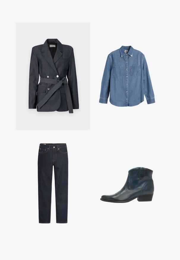 Blazer de mezclilla oscura con un diseño de doble botonadura, solapas con muesca, dos bolsillos frontales y un cinturón atado. Presenta botones plateados y un acabado texturizado.; Camisa de mezclilla azul clara con mangas largas, cuello puntiagudo, dos bolsillos en el pecho y costuras en contraste. Presenta un diseño de canesú de estilo occidental.; Jeans de mezclilla azul oscuro con corte recto, diseño de cinco bolsillos, remaches de cobre y detalle de costura naranja a lo largo de las costuras.; Botas de cowboy hasta el tobillo, hechas de cuero azul oscuro, con punta afilada, acentos curvados y un tacón bajo apilado con sutiles detalles de costura.