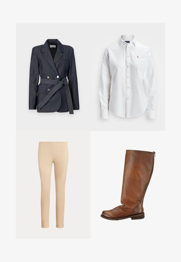 Donkerdenim blazer met een dubbelzijdig ontwerp, geknoopte revers, twee voorzakken en een gestrikt riempje. Beschikt over zilveren knopen en een gestructureerde afwerking.; Witte, lange mouwen, button-up overhemd van katoen, met een klassieke kraag en een klein geborduurd logo op de borst.; Beige slim-fit enkellange broek met een gladde afwerking en zonder zichtbare zakken of versieringen op een effen achtergrond.; Felmini Wide Fit Laarzen - marron
