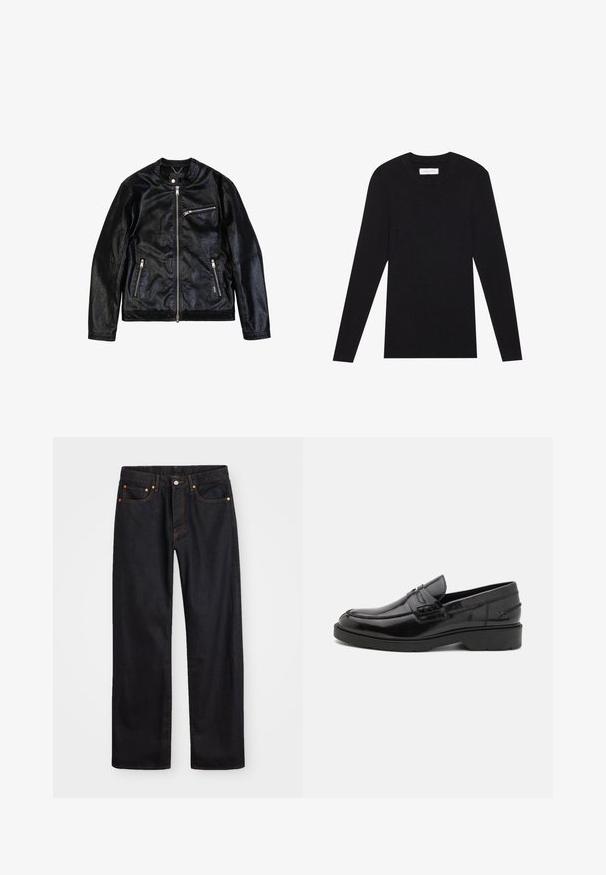 Zwarte leren jas met een ronde hals, ritsluiting en drie ritszakken. Heeft een gladde textuur en een licht verweerde afwerking.; Pier One MUSCLE FIT KNITJUMPER - Trui - black; Heren straight-leg zwarte denim jeans met vijf zakken en oranje stiksels, knoop- en ritssluiting op de voorkant van de tailleband.; Zwarte leren instappers met een gladde afwerking, ronde neus, lage hak en decoratieve stiksels aan de voorkant. Rubberen buitenzool voor grip.