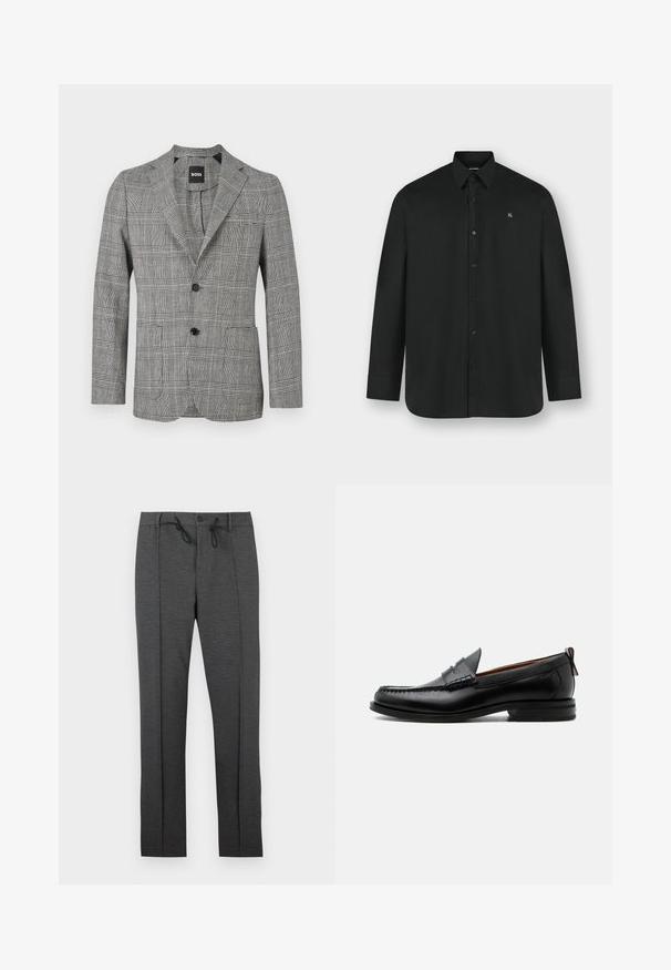 Blazer pour homme à carreaux noirs et blancs avec deux boutons noirs et revers crantés, présenté sur un fond blanc.; Chemise noire à manches longues avec boutons, col et logo discret sur le côté gauche de la poitrine, présentée sur un fond clair.; Pantalon gris foncé à jambes droites avec plis à l'avant, fermeture par bouton, et cordons de serrage noirs à la taille sur fond blanc.; Mocassin homme en cuir noir avec couture moc toe, bride penny, col texturé et petit talon empilé sur fond blanc.