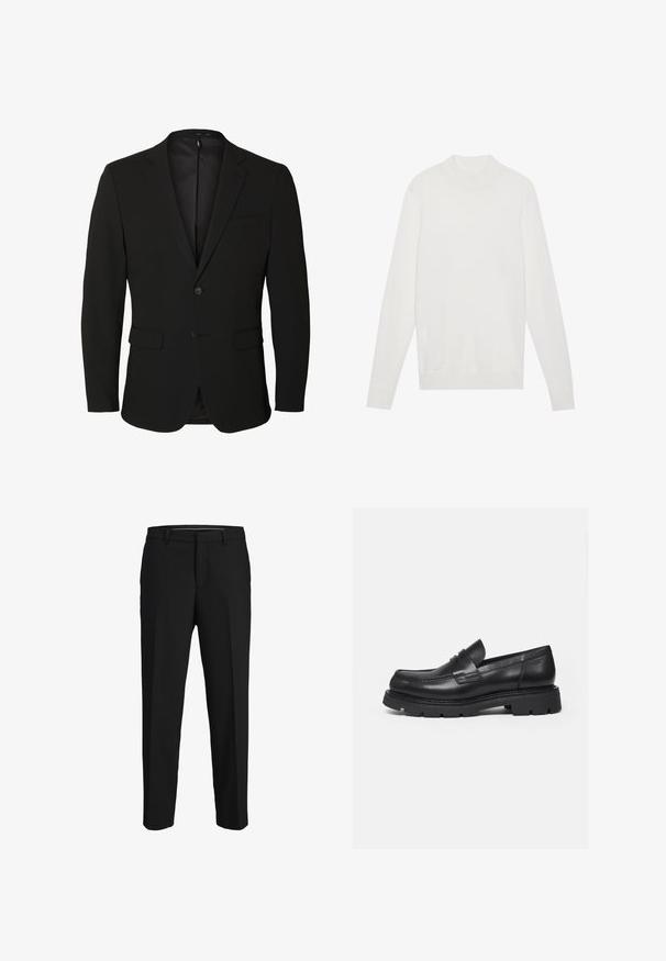 Blazer negro de hombre de un solo pecho con solapas con muesca, dos bolsillos delanteros con solapa, un bolsillo en el pecho y dos botones.; Jersey blanco de cuello alto, con mangas largas y puños y dobladillo acanalados. Fabricado en un suave tejido de punto. Diseño simple y ajustado.; Pantalones negros de tela suave, con corte recto, lazos para cinturón y un diseño de frente plano sin patrones ni adornos visibles.; Mocasín negro de cuero con suela gruesa y acanalada y detalle de tira para moneda, mostrado en perfil lateral derecho sobre fondo blanco.