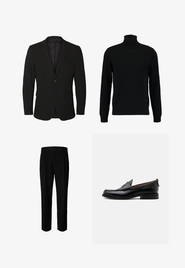 Black single-breasted men's blazer with notch lapels, two front flap pockets, one chest pocket, and two buttons.; Black turtleneck sweater made of a soft knit material. Features long sleeves, ribbed collar, and hem. Simple, sleek design without patterns.; Black formal trousers with belt loops, front button, and zip closure, displayed against white background.; Black leather men's loafer with moc toe stitching, penny strap, textured collar, and low stacked heel on white background.