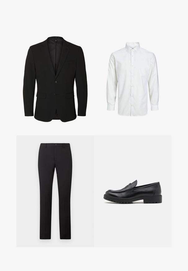 Blazer noir pour homme, boutonné simple, avec des revers crantés, deux poches avant à rabat, une poche poitrine et deux boutons.; Chemise blanche à manches longues avec boutons, col pointu et poignets boutonnés, présentée sur un fond blanc uni.; Pantalon noir sur mesure avec une coupe droite, doté d'une fermeture à bouton et de passants pour ceinture. Confectionné dans un tissu lisse sans motifs apparents.; Mocassins en cuir noir avec un bout arrondi, un design à enfiler et une semelle en caoutchouc épaisse avec une texture antidérapante. Talon surélevé et détails de surpiqûre subtils.
