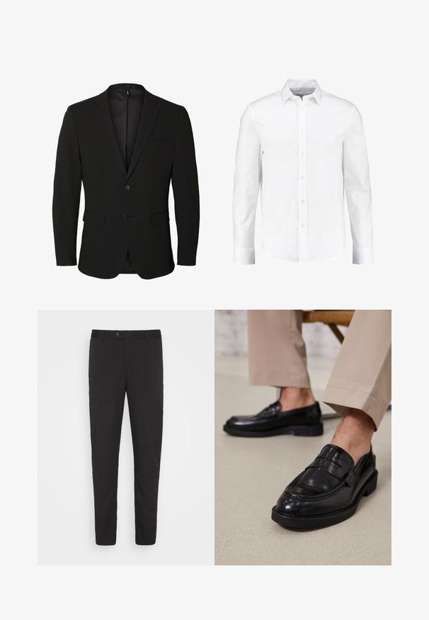 Sort enkeltknappet herreblazer med notch-revers, to forlommer med klap, en brystlomme og to knapper.; Hvid langærmet skjorte med knapper lavet af glat bomuld. Har en klassisk krave og knaplukning foran med en lige nederkant.; Sorte, skræddersyede bukser med lige ben-design, forlommer og knaplukning. Fremstillet af et glat stof med en let glans.; Sorte lædermokkasiner med en glat overflade, der har en dekorativ rem og kontraststing, parret med beige bukser.