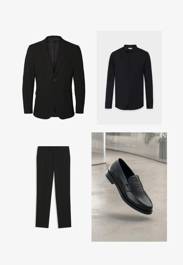 Sort enkeltknappet herreblazer med notch-revers, to forlommer med klap, en brystlomme og to knapper.; Sort skjorte med lange ærmer og knapper, med krave, vist fladt mod en hvid baggrund.; Sorte formelle bukser med lige ben, sidelommer og en tætsiddende talje, vist på en hvid baggrund.; Sort lædersko med glat tekstur, spids tå og en dekorativ rem over vristen. Letvægts sål, minimalistisk design.