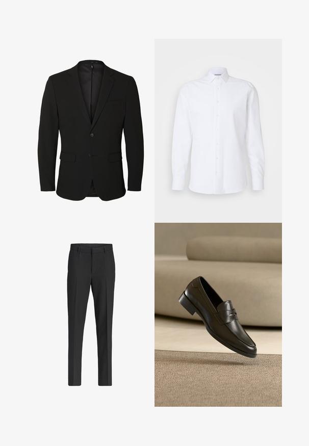 Sort enkeltknappet herreblazer med notch-revers, to forlommer med klap, en brystlomme og to knapper.; Hvid langærmet skjorte med knapper lavet af glat bomuld. Har en klassisk krave, forreste plade med knapper og en lige kant.; Sorte, skræddersyede bukser med lige ben, bæltestropper, pressefold foran og sidelommer, vist mod en ensfarvet hvid baggrund.; Sort lædersko med slip-on design, svævende over beige tæppe med beige sofa i baggrunden, der fremhæver klassisk herrestil.