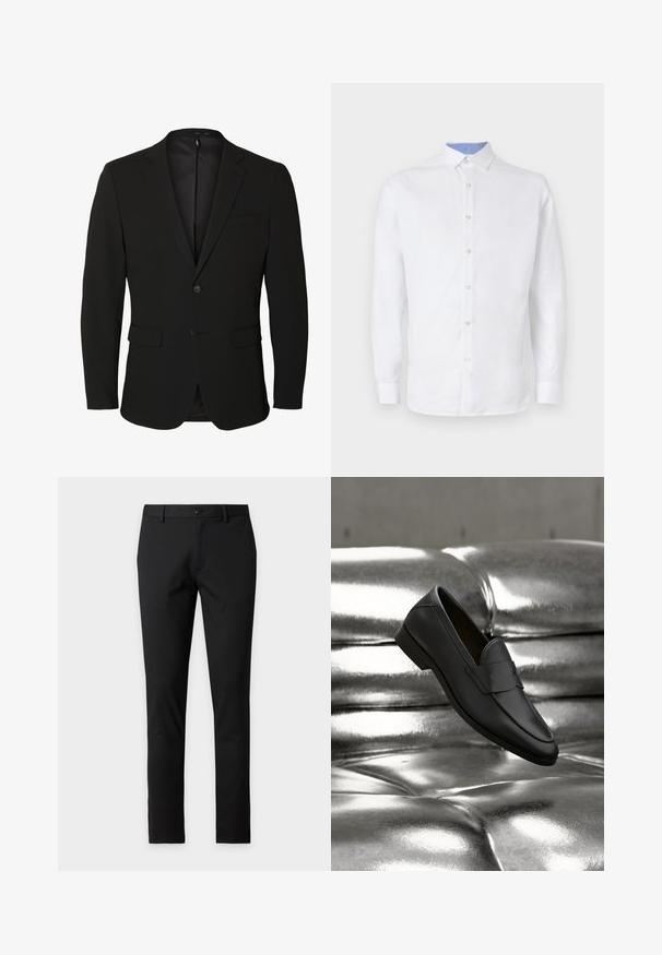 Blazer negro de hombre de un solo pecho con solapas con muesca, dos bolsillos delanteros con solapa, un bolsillo en el pecho y dos botones.; Camisa blanca de manga larga con botones al frente, con un patrón a cuadros azul claro en el interior del cuello y los puños. Textura de tela suave.; Pantalones negros de corte ajustado con trabillas para cinturón y cierre de botón, mostrados sobre un fondo liso de color gris claro.; Zapato mocasín de cuero negro flotando sobre un sofá de cuero plateado brillante con botones en un entorno neutro.