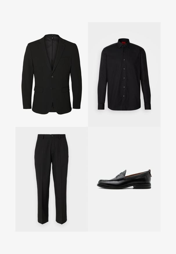 Sort enkeltknappet herreblazer med notch-revers, to forlommer med klap, en brystlomme og to knapper.; Sort langermet skjorte lavet af glat stof, med en klassisk krave, knaplukning foran og skræddersyet pasform.; Sorte bukser lavet af glat stof, med lige ben design, forlommer, en enkelt knaplukning, og uden synlige mønstre.; Sort læder herre loafer med moc-tå syning, penny strop, struktureret krave og lav stablet hæl på hvid baggrund.