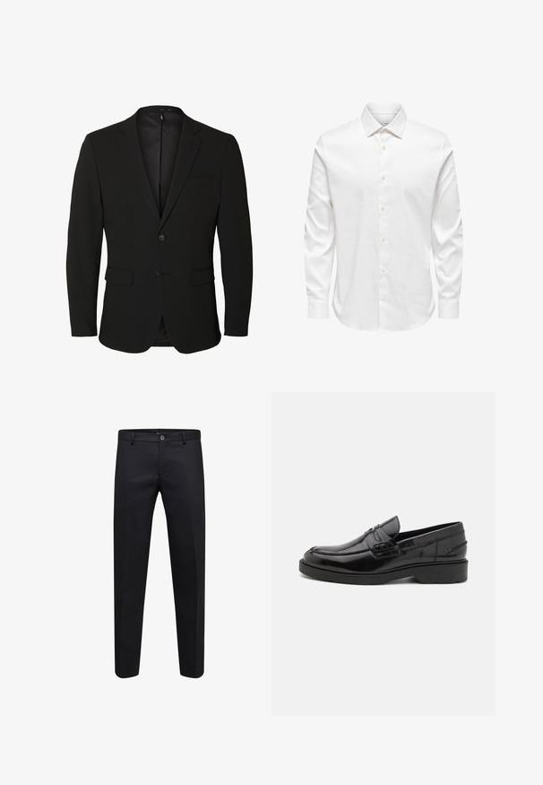 Black single-breasted men's blazer with notch lapels, two front flap pockets, one chest pocket, and two buttons.; White long-sleeve men's dress shirt with a pointed collar and front row of white buttons on a plain background.; Black formal trousers with button and zipper closure, straight cut and belt loops, displayed on a white background.; Black leather loafers with a smooth finish, rounded toe, low heel, and decorative stitching along the front. Rubber outsole for grip.