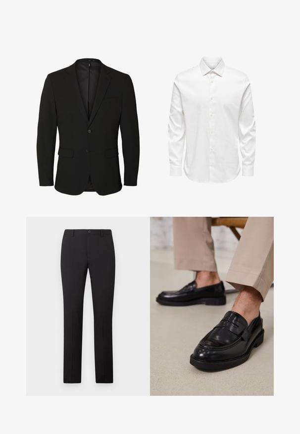 Blazer noir pour homme, boutonné simple, avec des revers crantés, deux poches avant à rabat, une poche poitrine et deux boutons.; Chemise blanche pour homme à manches longues avec col pointu et rangée avant de boutons blancs sur fond uni.; Pantalon noir sur mesure avec une coupe droite, doté d'une fermeture à bouton et de passants pour ceinture. Confectionné dans un tissu lisse sans motifs apparents.; Mocassins en cuir noir avec une finition lisse, ornés d'une sangle décorative et de coutures contrastées, associés à un pantalon beige.