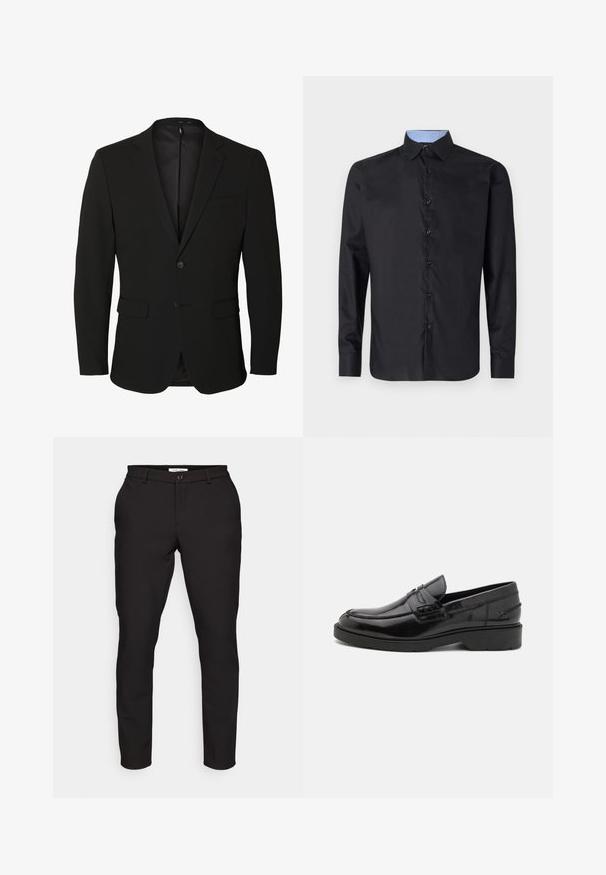 Sort enkeltknappet herreblazer med notch-revers, to forlommer med klap, en brystlomme og to knapper.; Sort langærmet skjorte lavet af glat stof, med knaplukning foran, spidse kraver og en lyseblå ternet indre krave.; Sorte skræddersyede bukser med slim fit. Har lynlås, knaplukning, sidelommer og et glat, let stof.; Sorte læder loafers med en glat finish, rund tå, lav hæl og dekorativ syning langs forsiden. Gummisål for godt greb.