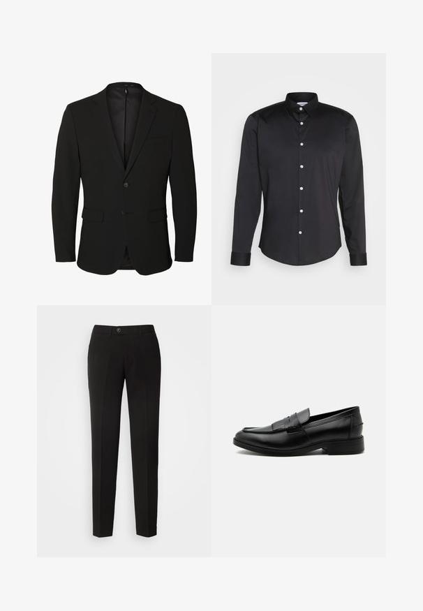 Blazer negro de hombre de un solo pecho con solapas con muesca, dos bolsillos delanteros con solapa, un bolsillo en el pecho y dos botones.; Camisa negra de manga larga hecha de tela suave, con cuello puntiagudo, cierre frontal de botones con botones blancos y puños de un solo botón.; Pantalones rectos negros de tejido suave, con cierre de botón y bolsillos laterales con un diseño clásico.; Mocasín negro de cuero para hombre con detalle de borlas, punta redondeada, tacón bajo y acabado liso y pulido, mostrado de lado sobre un fondo blanco.