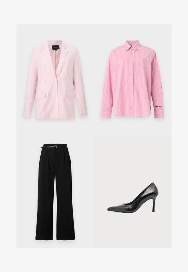 Blazer rose clair pour femmes avec fines rayures verticales, revers crantés, une seule boutonnière et deux poches à rabat à l'avant.; Chemise rose à manches longues avec boutons, fines rayures verticales, col classique, poche poitrine et texte brodé près du poignet gauche.; Pantalon noir taille haute à jambes larges avec plis sur le devant et une ceinture noire fine avec une boucle ronde dorée.; Chaussure à talon haut pour femme en cuir verni noir avec bout pointu et talon fin sur fond clair uni.