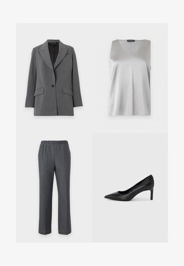 Blazer gris avec un tissu texturé, col à crans, deux poches avant, fermeture à un bouton et doublure intérieure noire.; Haut sans manches en satin argenté avec col en V et étiquette Emporio Armani sur fond blanc.; Pantalon droit gris foncé avec taille élastique et plis avant, présenté sur un fond blanc.; Escarpin à bout pointu en cuir noir avec un talon fin de hauteur moyenne sur un fond gris clair uni.