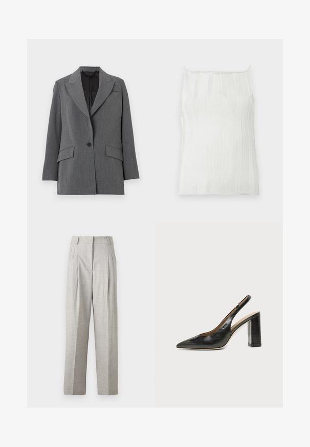 Blazer gris avec un tissu texturé, col à crans, deux poches avant, fermeture à un bouton et doublure intérieure noire.; Débardeur blanc côtelé à fines bretelles, avec des rayures verticales et une surface légèrement texturée. Design simple et ajusté sans ornements.; Pantalon gris clair avec une finition texturée, présentant un design taille haute et deux plis à l'avant. Coupe droite sans poches visibles.; Chaussure slingback en cuir noir à bout pointu avec un talon bloc haut et une doublure intérieure beige sur un fond clair uni.