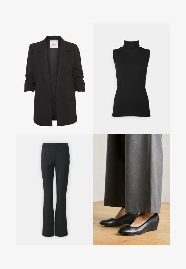 Sort åben-front blazer med rynkede trekvartærmer, notch revers og to forlommer med paspoler, mærket "soaked" indeni kraven.; Sort ærmeløs turtleneck top lavet af ribbet stof, med høj hals og tætsiddende silhuet. Glat tekstur med minimal detaljering.; Sorte flagrende bukser lavet af glat stof; har en flad front uden lommer og en skræddersyet pasform, der smalner ind mod kanten.; Sorte læder wedgesko med en rund tå og glat tekstur, parret med grå vide bukser, placeret på et trægulv.