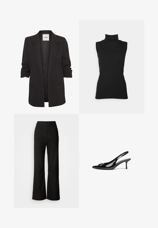 Sort åben-front blazer med rynkede trekvartærmer, notch revers og to forlommer med paspoler, mærket "soaked" indeni kraven.; Sort ærmeløs turtleneck top lavet af ribbet stof, med høj hals og tætsiddende silhuet. Glat tekstur med minimal detaljering.; Sorte bukser med bred benvidde, glat tekstur, høj talje og et enkelt design. Ingen synlige lommer eller udsmykninger.; Sorte laklæder slingback hæle med spidse tæer og en blank finish. Har en slank hæl og en rund detalje ved vampen.