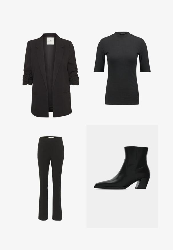 Sort åben-front blazer med rynkede trekvartærmer, notch revers og to forlommer med paspoler, mærket "soaked" indeni kraven.; Sort ribbet t-shirt med høj hals og korte ærmer. Glat, tætsiddende design uden mønstre eller synlige hardwaredetaljer.; Sorte skræddersyede bukser med slim fit, flagrende bund, glat front og ingen synlige lommer. Fremstillet af glat stof med minimale sømme.; Sortlæder ankelstøvle med spids tå, en slank silhuet og en kraftig firkantet hæl. Glat tekstur med minimale stikninger.