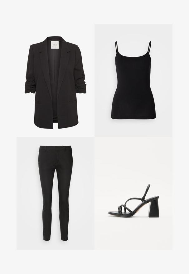 Sort åben-front blazer med rynkede trekvartærmer, notch revers og to forlommer med paspoler, mærket "soaked" indeni kraven.; Sort camisole-top med tynde justerbare stropper, glat elastisk stof og en tæt silhuet. Ingen mønstre eller pynt.; Sorte slim-fit bukser med en glat stofstruktur, der har sidelommer og en flad frontdesign, hvilket giver en slank og skræddersyet silhuet.; Sort hæl sandal med en firkantet, kraftig hæl, der har flere tynde remme over foden og et åbent bagdesign. Glat læder tekstur.