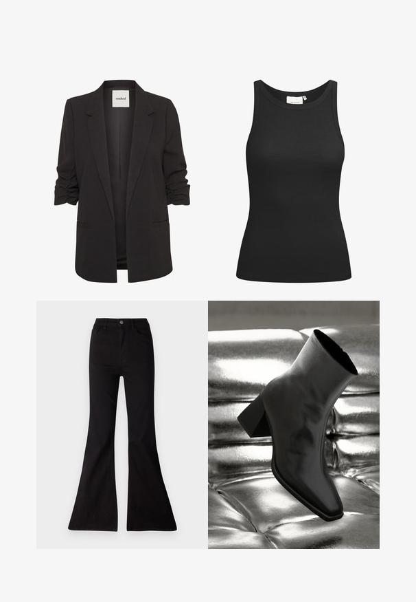 Sort åben-front blazer med rynkede trekvartærmer, notch revers og to forlommer med paspoler, mærket "soaked" indeni kraven.; Sort tanktop lavet af ribbet materiale, med en scooped halsudskæring og en tætsiddende form. Flade sømme og ingen udsmykninger. Enkel og strømlinet design.; Sorte flared jeans lavet af denim, med høj talje, forlommer og en stor åbning ved kanten for en vid benlængde.; Sorte ankelstøvler lavet af glossy materiale med firkantet tå og spidse hæle, sat mod en skinnende sølv tuftet baggrund.