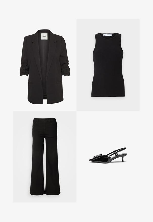 Sort åben-front blazer med rynkede trekvartærmer, notch revers og to forlommer med paspoler, mærket "soaked" indeni kraven.; Sort ribbet tanktop med uden ærmer og rund hals. Lavet af et strækbart stof, har den en tætsiddende form og en glat overflade.; Sorte brede bukser lavet af denimstof, med frontlommer, knaplukning og en glat tekstur med en ren finish.; Sorte patenterede læderslingbacks med spids tå, en sløjfedetalje foran og en lille stilettohæle. Remmene har justerbare spænder.