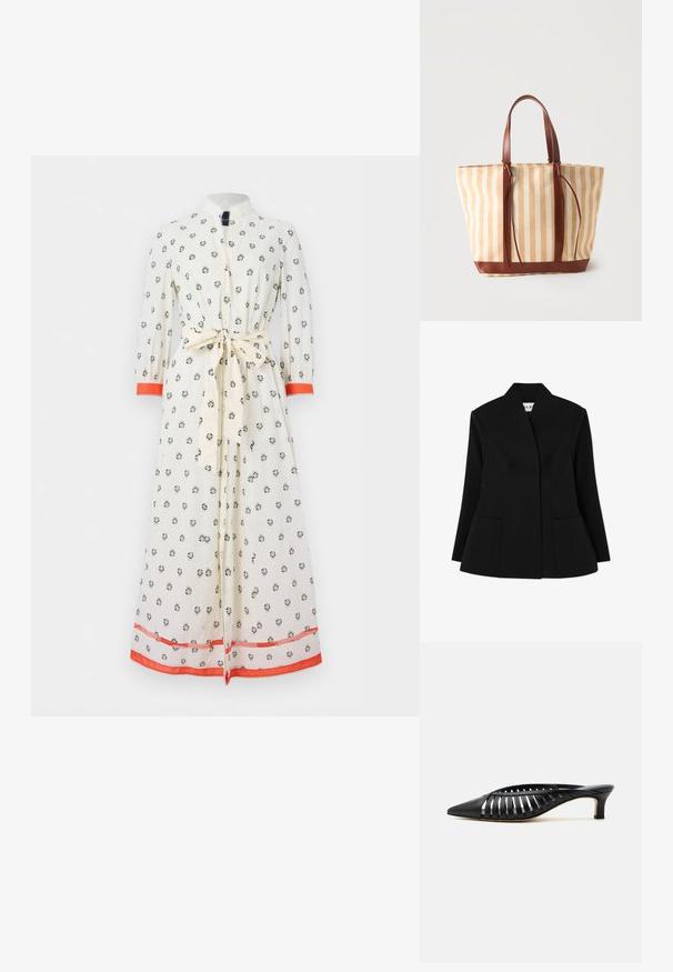 NA-KD SCULPTED - Blazer - black; Witte maxi-jurk met lange mouwen, kleine bloemenprint, ceintuur in taille, hoge kraag en rode bies aan de manchetten en zoom.; Zwarte leren mule met puntige neus, riemdesign met uitsnijdingen en lage kittenhiel op een witte achtergrond.; Beige en wit verticaal gestreepte tote bag met bruine leren handvatten en biezen, tegen een effen lichte achtergrond.
