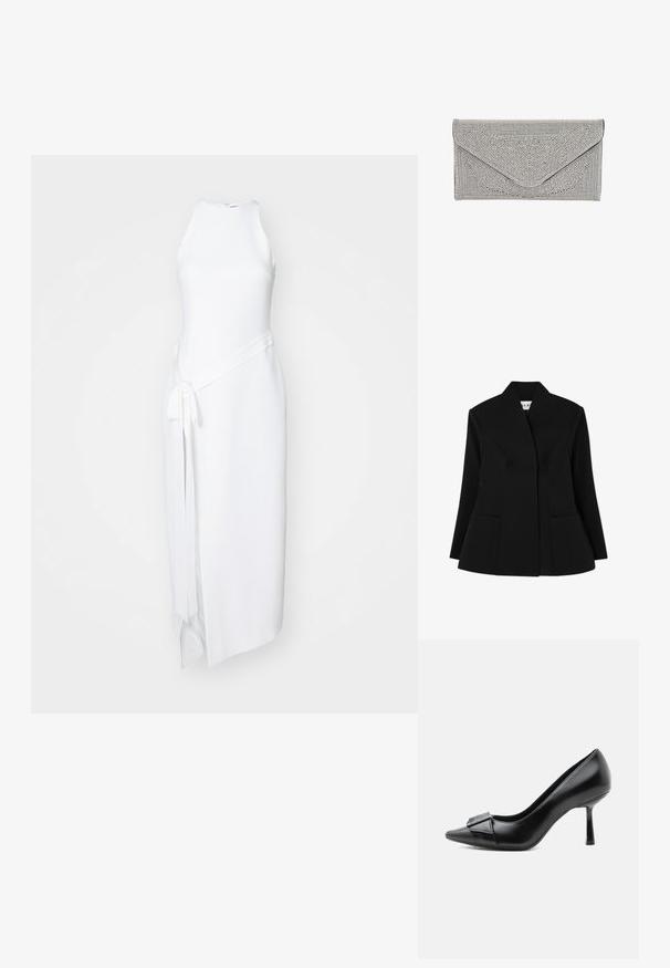 NA-KD SCULPTED - Blazer - black; Witte mouwloze jurk met een hoge halslijn, voorzien van een asymmetrische zoom, een zijstrikriem en een soepele textuur.; Zwarte leren hoge hak schoen met puntige neus en decoratieve gesp aan de voorkant, zijaanzicht op een witte achtergrond.; Zilveren clutch met een textuur en studs. Heeft een envelopontwerp met een schuine klep en contrasterende zwarte rand.