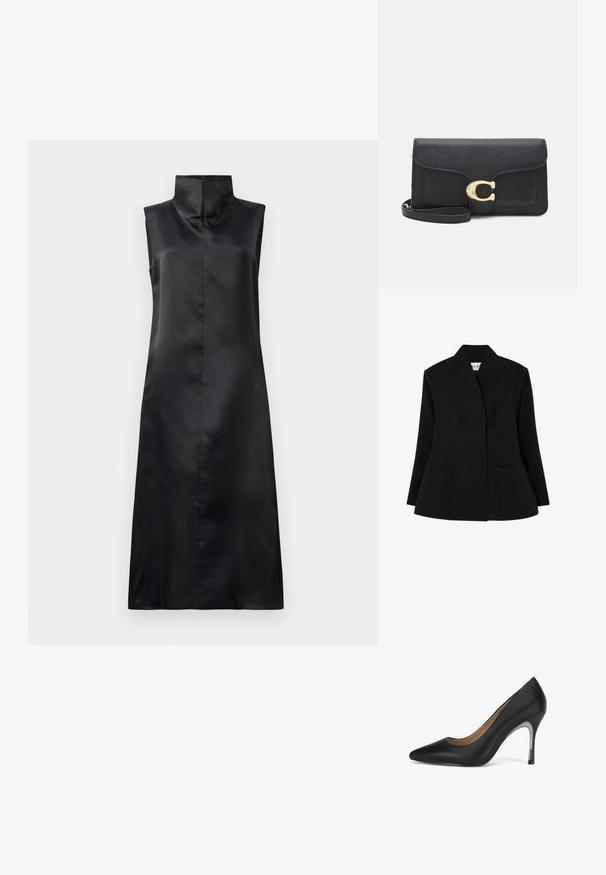 NA-KD SCULPTED - Blazer - black; Sort satin uden ærmer kjole med høj krave, glat tekstur og en lige, ankellang silhuet. Minimalistisk design uden udsmykninger.; Sort læder stilet hæl med spids tå, glat tekstur og klar plastikdetalje på hælen.; Sort læderpunge med en struktureret overflade, der har en guldfarvet lås og en aftagelig rem. Kompakt, rektangulær form med syninger.