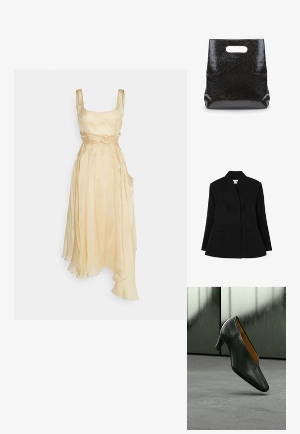 NA-KD SCULPTED - Blazer - black; A.W.A.K.E. MODE DRESS - Gallakjole - beige; Sort lædermellemhælssko, der svæver over gråt tæppe med sløret glasvinduesbaggrund.; Sort, tekstureret tote-taske med en krøllet finish og et udskåret håndtag. Har en rektangulær form med en flad bund for stabilitet.