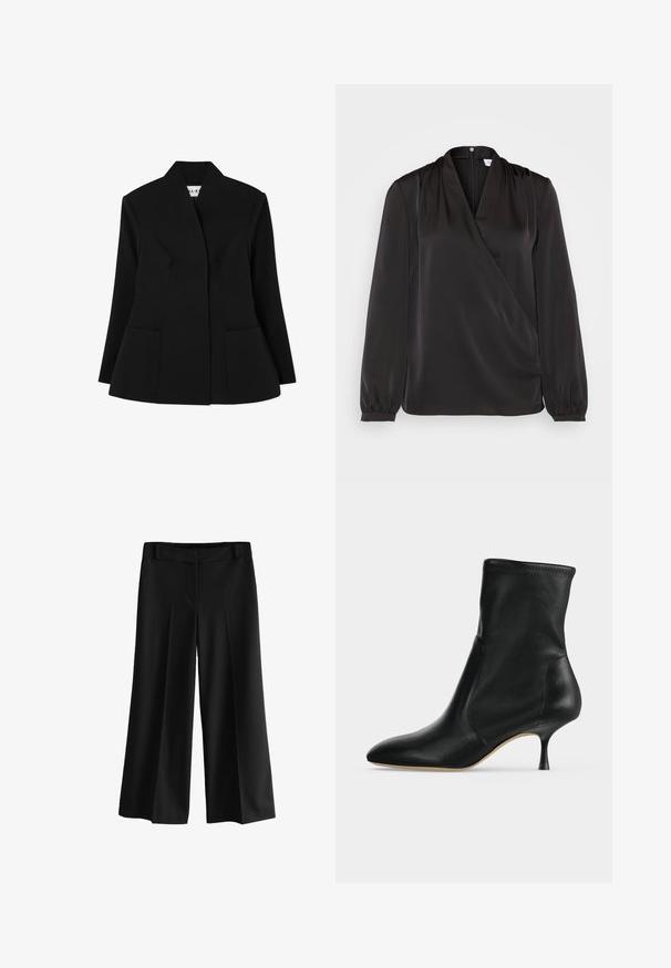NA-KD SCULPTED - Blazer - black; Blouse noire à manches longues avec un design croisé, fabriquée en tissu lisse. Elle présente des détails froncés au niveau des épaules et des poignets élastiqués.; Pantalons larges noirs en tissu lisse, avec une taille haute, des plis et une coupe cintrée. Pas de quincaillerie ou de motifs visibles.; Bottine en cuir noir avec bout pointu et talon fin de hauteur moyenne, vue de profil sur fond clair.