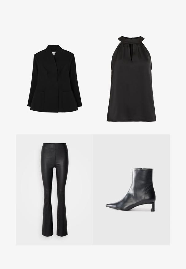 NA-KD SCULPTED - Blazer - black; Sort ærmeløs top med høj krave og nøglehul-udskæring, lavet af glat stof, med en afslappet pasform og uden synlige mønstre.; Sorte flagrende bukser lavet af glat, kunstlæder med høj talje og syninger over knæet.; Sort læder ankelstøvle med spids tå og et strømlinet design. Har en lav hæl og en lynlås lukning bagpå. Glat tekstur.