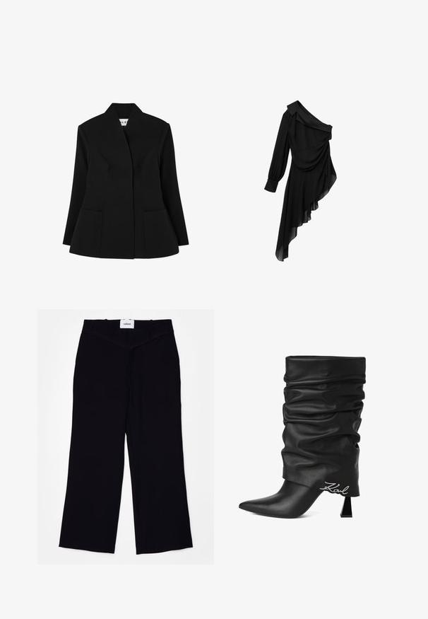 NA-KD SCULPTED - Blazer - black; Sort kjole lavet af let stof, med design med én skulder, draperet front, langærmet og asymmetrisk kant.; Sorte brede bukser lavet af et glat stof. Har en flad talje med bælteløkker og en ren finish ved kanterne.; Sort slasket læderstøvle med høje hæle, spids tå og sølvfarvet "Karl" logo nær hælen på hvid baggrund.