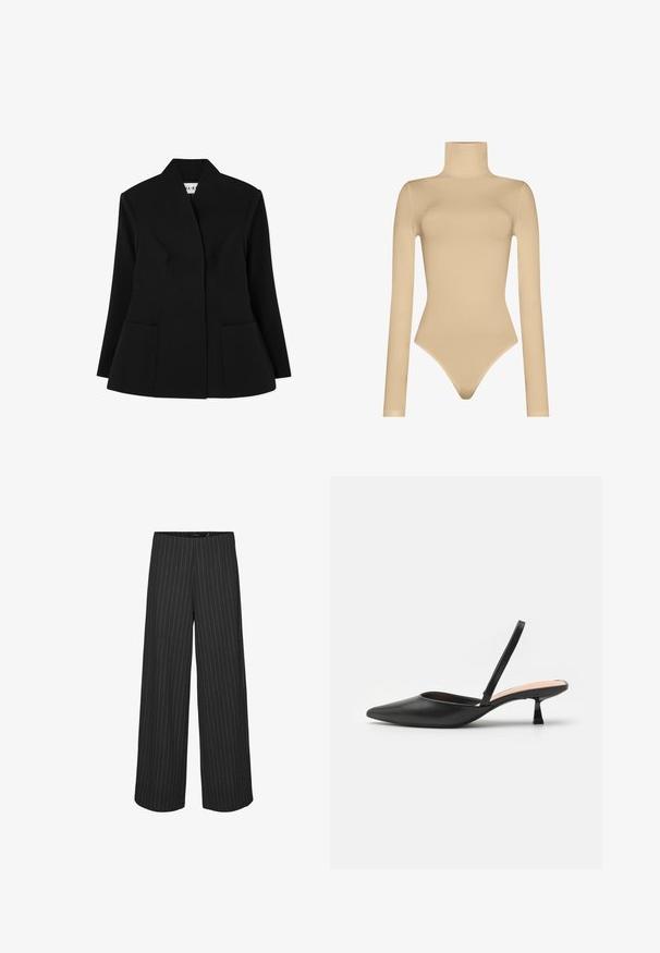 NA-KD SCULPTED - Blazer - black; Wolford COLORADO STRING - Body - cafè au lait; Zwarte wijde broek met verticale witte streepjes, met een op maat gemaakte pasvorm en een gladde textuur. Geen zichtbare zakken of hardware.; Zwarte slingback pump met een spitse neus, een elegante matte afwerking, een lage hoekige hak en een minimalistisch ontwerp. Voorzien van een dunne enkelband.