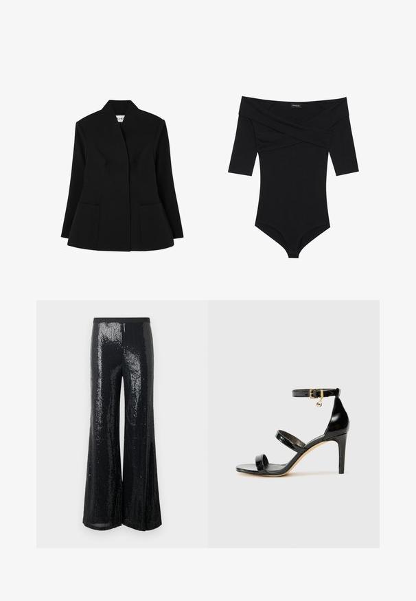 NA-KD SCULPTED - Blazer - black; Zwarte body met een off-the-shoulder halslijn, 3/4 mouwen en een aansluitend ontwerp. Gemaakt van zachte, gladde stof met minimale naden.; Zwarte wijde broek van sequins, met een rekbare tailleband en een gladde textuur, geschikt voor formele of feestelijke gelegenheden.; Zwarte gepatineerde leren sandaal met drie banden, enkelgesp en 10 cm hoge stiletto hak. Bevat gouden hardwaredetails en een logo charm.