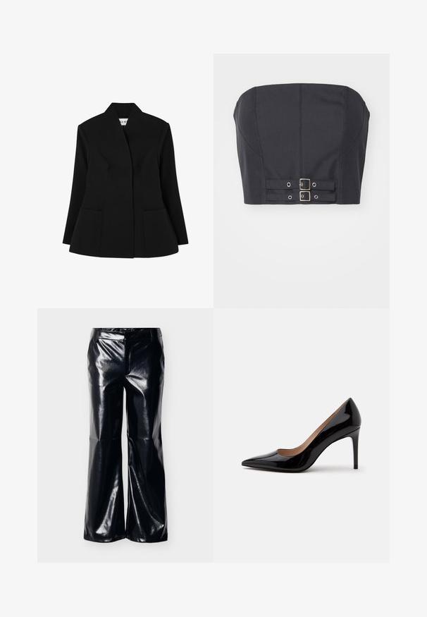 NA-KD SCULPTED - Blazer - black; Sort cropped top uden stropper med struktureret bodice, der har syninge og dobbelte metalspænder foran til lukning.; Sorte bukser i bredbenet design af imiteret læder med en blank finish, med talje i midjehøjde og et rent forstykke, velegnede til forskellige stilarter.; Sort laklæder pumps med høje hæle, spids snude og stilethæl, vist i sideprofil på en ensfarvet hvid baggrund.