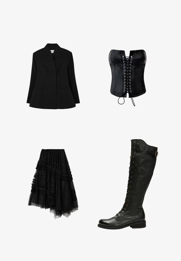 NA-KD SCULPTED - Blazer - black; Sort satin-corset med en struktureret form, snørelukning foran med sølvøjer og en glat finish. Har en lige, stropløs halsudskæring.; Sort asymmetrisk lagdelt nederdel med blonde- og flæsedetaljer, lavet af gennemsigtige og dækkende stofpaneler.; Sorte læder knæhøje støvler med snørebånd foran, sølvøjer og sidebælte. Har en tekstureret overflade og stablet hæl.