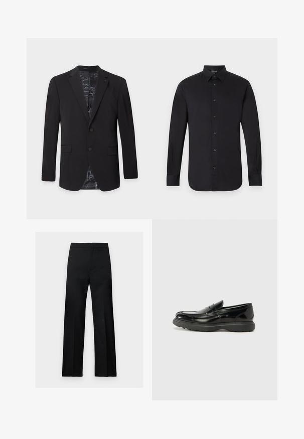 Blazer noir pour homme à deux boutons, avec revers crantés, poches à rabat et doublure intérieure à motif visible au col et en bas.; Chemise noire à manches longues boutonnée avec un col classique et des poignets, présentée sur fond blanc.; Pantalon formel noir à jambes droites, taille haute, au design épuré et minimaliste, présenté sur un fond clair uni.; Mocassin en cuir noir avec une finition brillante, bout arrondi, détails de couture subtils et semelle en caoutchouc épaisse pour la durabilité.