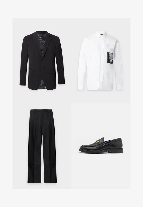 Blazer noir pour homme à deux boutons, avec revers crantés, poches à rabat et doublure intérieure à motif visible au col et en bas.; Chemise blanche à manches longues boutonnée avec un col classique et un patch portrait de profil noir et blanc sur le côté gauche de la poitrine.; Pantalon droit noir sur mesure avec passants pour ceinture, fermeture éclair à l'avant et poches latérales sur un fond blanc uni.; Mocassins en cuir noir avec un embout rond, présentant des accents en métal doré et des détails de couture, montés sur une semelle en caoutchouc texturé et basse.